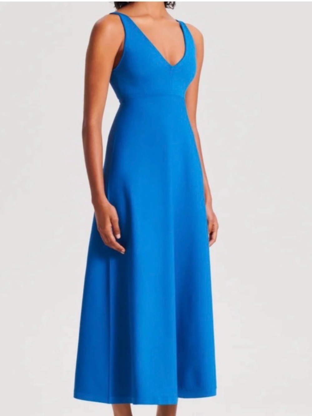 Scanlan Theodore Prussian Blue Crepe Knit V-Neck Midi Dress Medium Old Money
